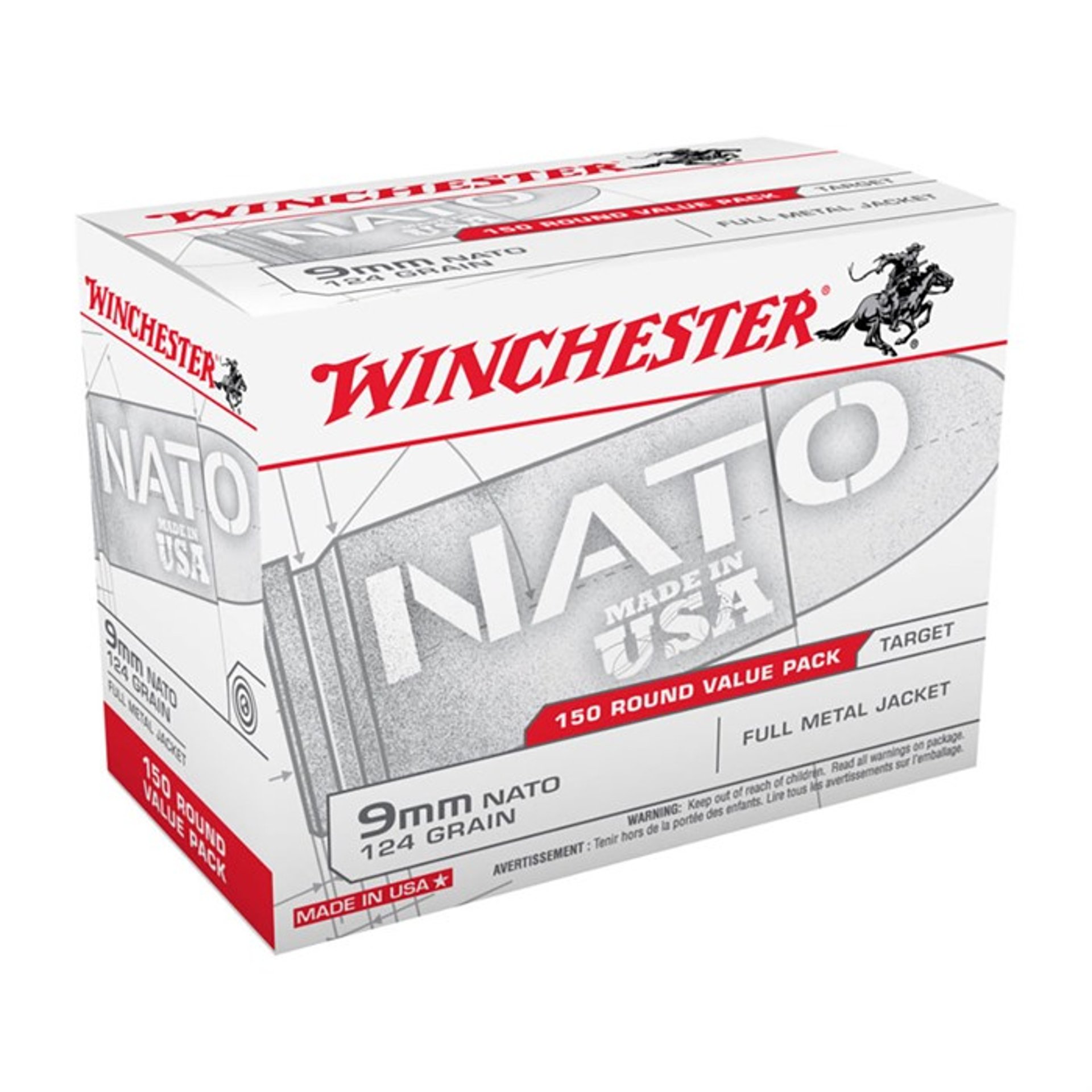 Winchester 9mm NATO 124gr FMJ 150rd Value Pack 5bx/cs