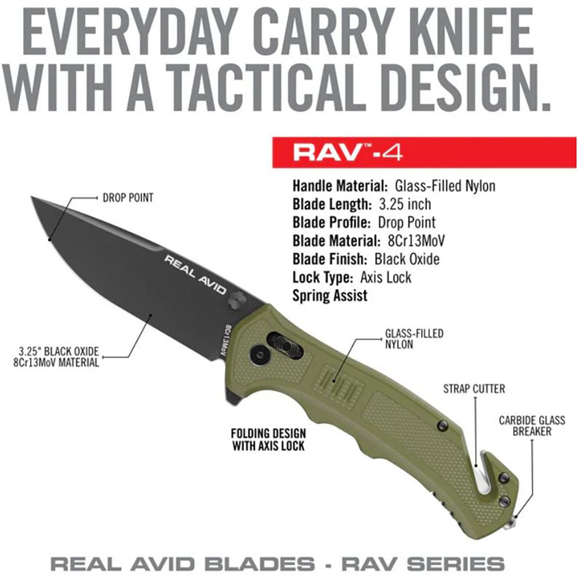 RAV-4 Drop Point Folding Carry Knife w/Strap Cutter ODG