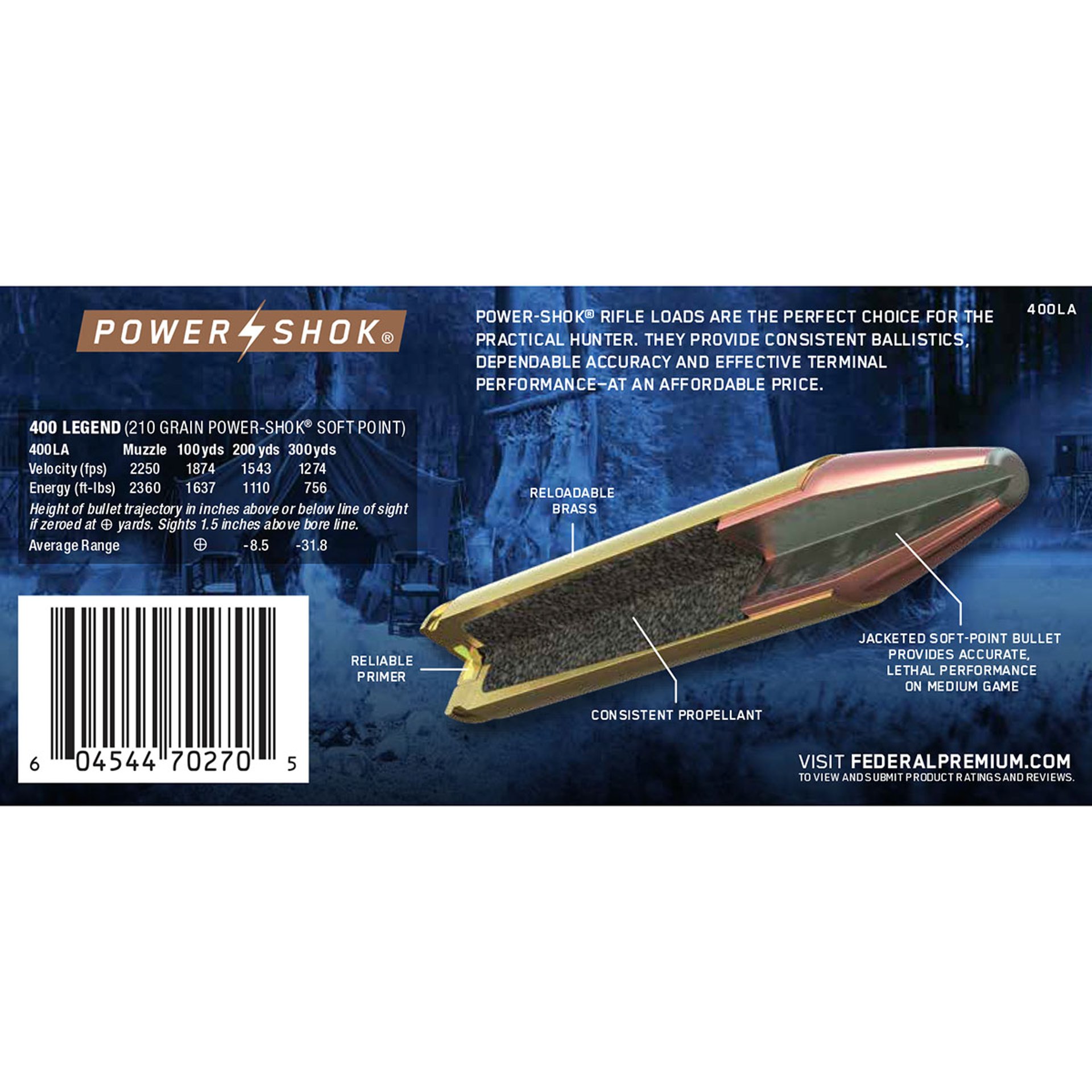 Power-Shok Rifle 400 Legend 210gr Soft Pont 2250 FPS 20/Box