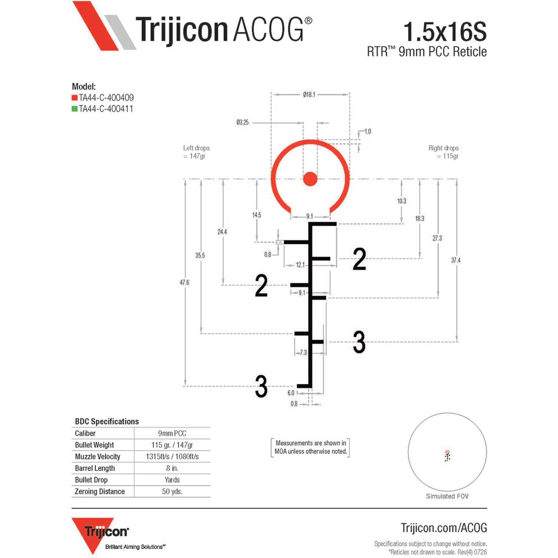 1.5x16S Compact ACOG Red 115/147gr. 9mm PCC RTR w/Mount