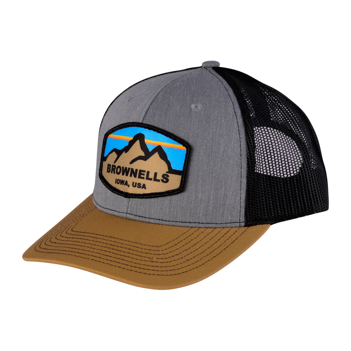 BROWNELLS - GRAY HAT W/ BLACK MESH, GOLD BILL, &amp; PATCH