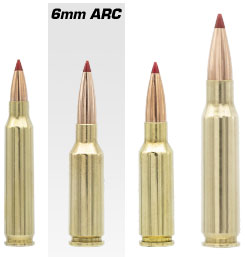 Image of 5.56/224, 6mm ARC, 6.5 Grendal, and .308 cartridges.