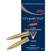 CCI - TNT EXPLOSIVE AMMO 17 HMR 17GR JACKETED HOLLOW POINT CCI - TNT EXPLOSIVE AMMO 17 HMR 17GR JACKETED HOLLOW POINT