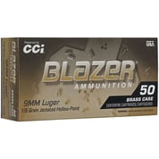 CCI - BLAZER BRASS 9MM LUGER JACKETED HOLLOW POINT HANDGUN AMMO CCI - BLAZER BRASS 9MM LUGER JACKETED HOLLOW POINT HANDGUN AMMO